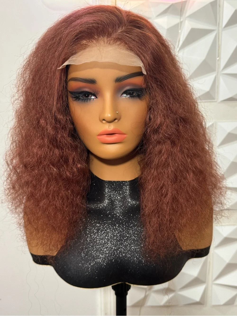 Curly Copper Wig 5x5 Lace Closure Glueless Wavy Hair Blend 14 Inches